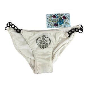 Sinful by Affliction Bikini Bottom Chain Rhinestones Heart Wings White Size M/L